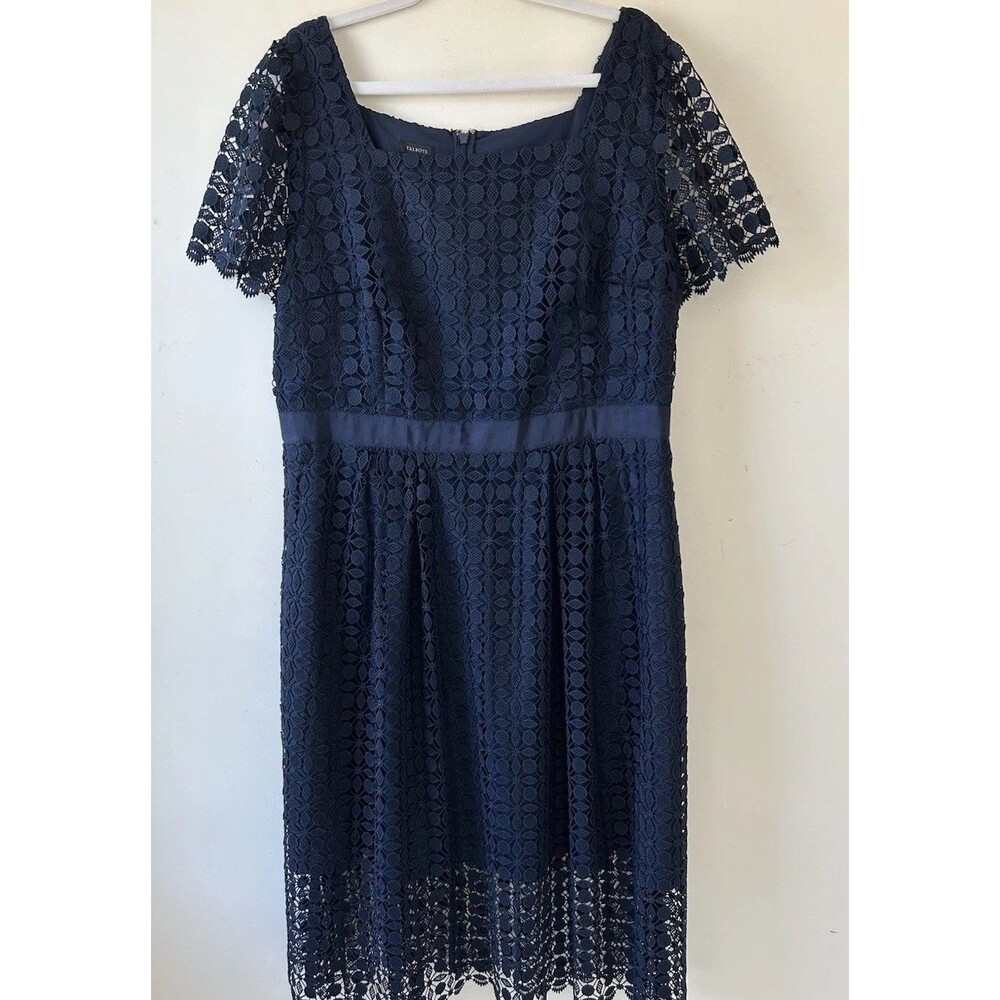 Talbots Medallion Navy Floral Lace A-Line Midi Dress Lined Square Neck Size 18 - Picture 3 of 11